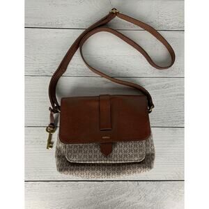 Fossil Women's Brown Leather Printed Fabric Crossbody Cute Shoulder Bag Purse
